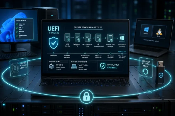 Secure boot UEFI firmware chain-of-trust shown on a laptop with connected security icons and boot media.