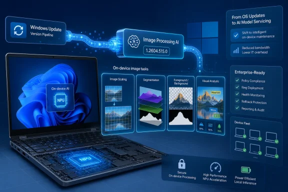 Blue tech graphic of a laptop running on-device image-processing AI with NPU acceleration and OS update features.