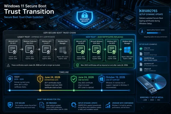 Windows 11 Secure Boot trust chain update diagram showing KB5092765 and transition timeline to new certificates.