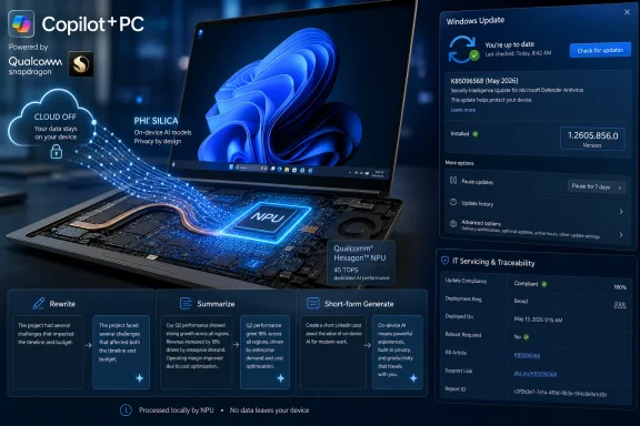 Copilot+PC Qualcomm Snapdragon laptop with Windows Update security status and on-device NPU visuals.