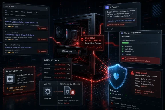 Security UI shows a gaming PC infected with a suspicious crypto miner, blocked by Defender.