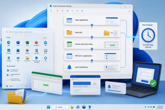 Power Automate workflow diagram on Windows desktop, sending scheduled notifications at 8:00 AM.
