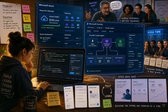 Startup team monitors a Microsoft Azure dashboard and AI “Founder Copilot” prototype on screens in a planning room.