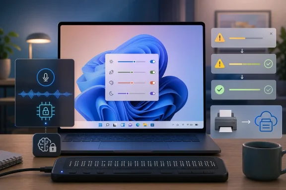 Illustrated laptop desktop with security icons, upload progress alerts, and protected document printing.