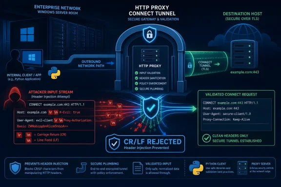 Diagram showing HTTP proxy tunnel security that blocks header injection and validates a safe connect request.