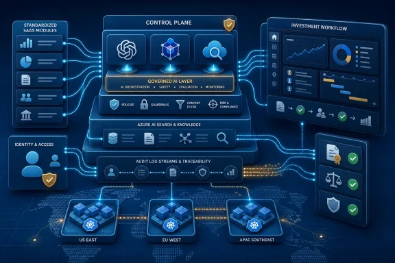 Blue AI governance platform diagram with control plane, investment workflow, and audit traceability modules.
