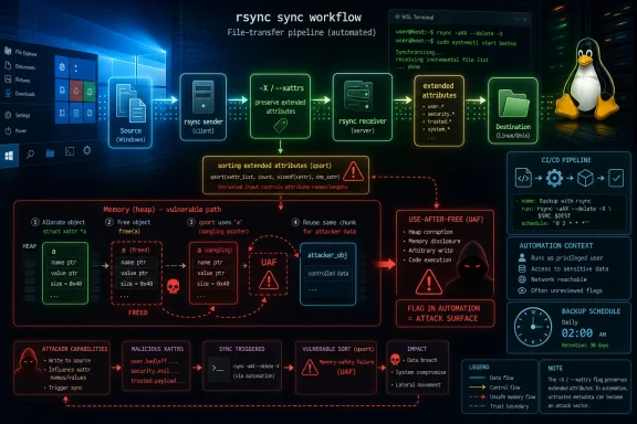 Diagram showing an automated rsync sync workflow with a memory-safety vulnerability leading to UAF and system compromise.