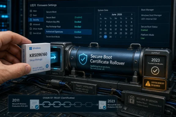 Hand holds a Windows KB5096160 update package beside a “Secure Boot Certificate Rollover” setup screen.