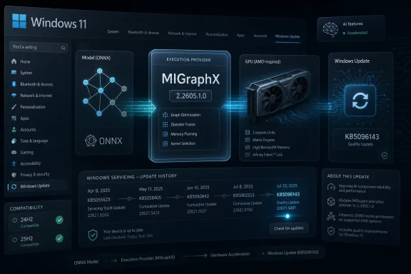 Windows 11 update dashboard shows M IGraphX execution provider and Quality Update KB5096143 for AI acceleration.
