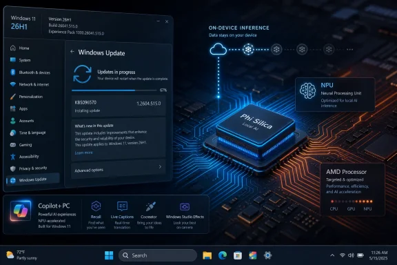Windows 11 26H1 update screen on a computer chip circuit board with on-device AI (NPU) graphics.