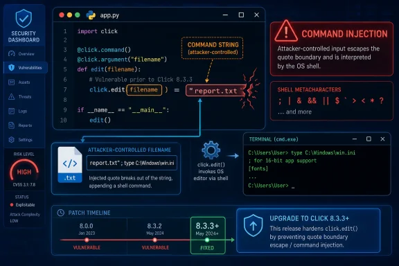 Security dashboard screenshot illustrating command injection in click.edit() with shell metacharacters and patch timeline.