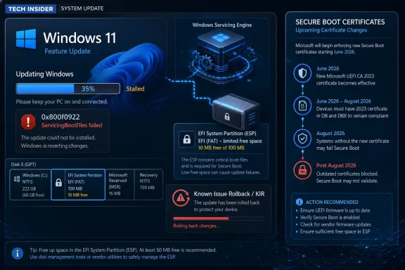 Windows 11 update infographic shows “0x800f0922 ServicingBootFiles failed” and upcoming Secure Boot certificate changes.