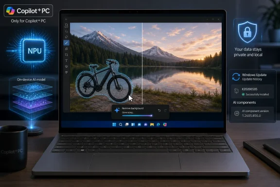 Laptop screen shows Copilot+ PC editing an image with on-device AI, privacy shield, and update details panels.