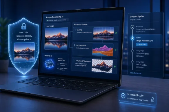 Laptop display shows on-device image processing AI with security and Windows update UI panels.