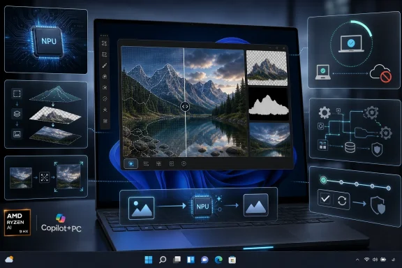 A laptop screen shows multi-window image editing and NPU processing with tech UI overlays around it.