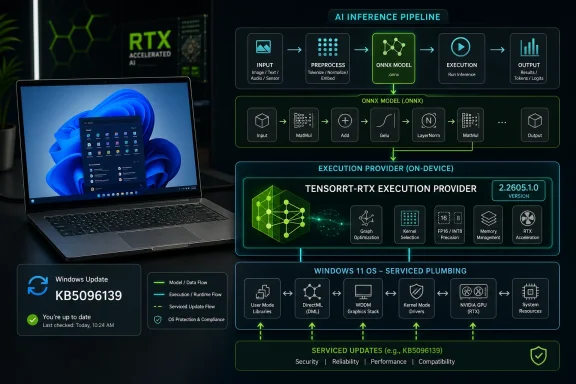 Diagram shows an AI inference pipeline on an RTX GPU, from input to ONNX execution output on Windows.