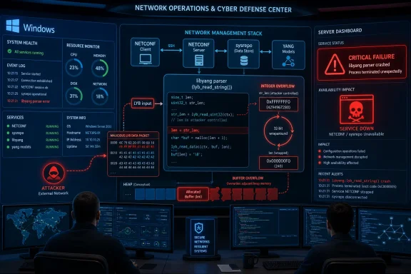 Cyber defense dashboard shows a network attack causing libyang parser crash and critical service failure.