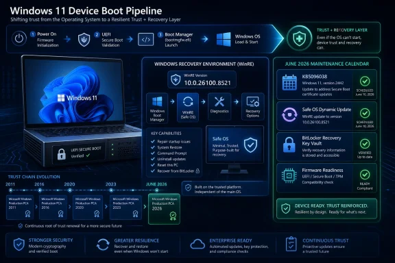 Infographic showing the Windows 11 11 device boot pipeline with Secure Boot, WinRE, and trust + recovery updates.