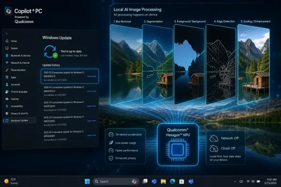 Tech-themed dashboard shows Copilot+ PC local AI image processing and Qualcomm Hexagon NPU features.