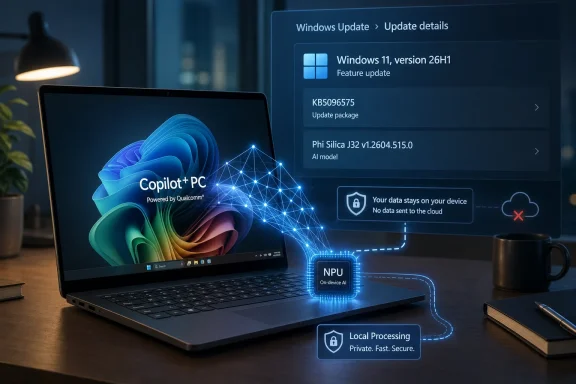 Laptop with Copilot+ PC branding displaying a Windows Update screen and NPU AI on-device processing icons.