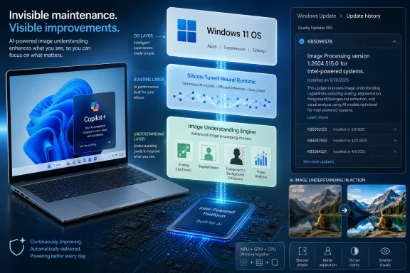 Futuristic ad showing Windows 11 image understanding on a laptop with AI layers and update history panels.