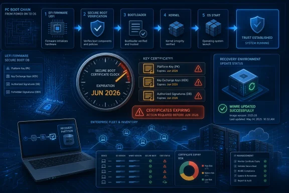 Secure boot process diagram showing certificate expiration warning and recovery update status for system trust.