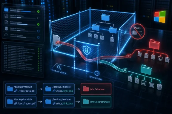 Cybersecurity network diagram showing data flow, permissions, and a blocked “chroot” process in a server cluster.