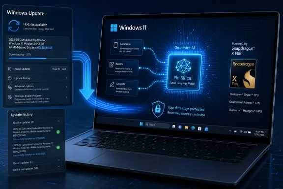 A laptop shows a Windows 11 update screen with on-device AI and Snapdragon X Elite branding.