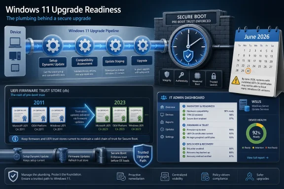 Infographic shows Windows 11 upgrade readiness with secure boot, firmware trust store timeline, and IT readiness dashboard.