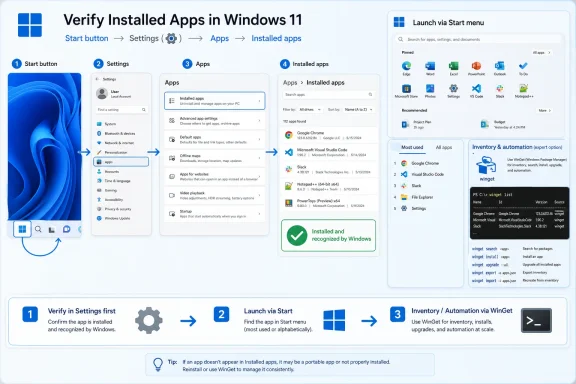 Step-by-step guide showing how to verify installed apps in Windows 11, including Start menu and WinGet inventory.