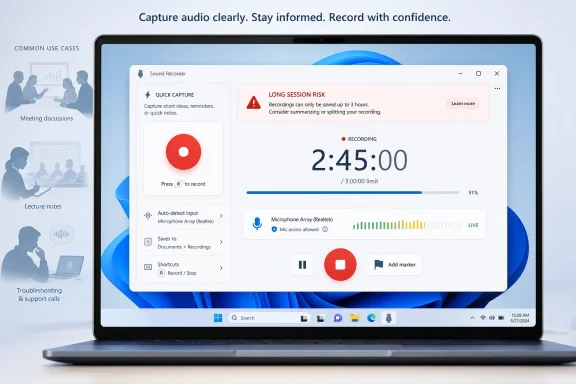 Laptop screen showing a “Sound Recorder” app with an active recording timer and audio input settings.