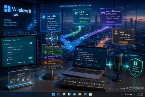 Windows 11 Lab promotional graphic showing accessibility, flight paths, risk channels, and voice isolation on a city backdrop.