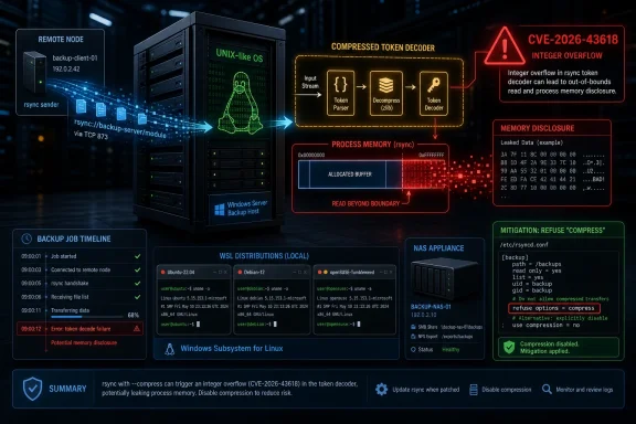 Cybersecurity illustration showing rsync remote backup, token decoder compression, and CVE-2026-43618 integer overflow risk.