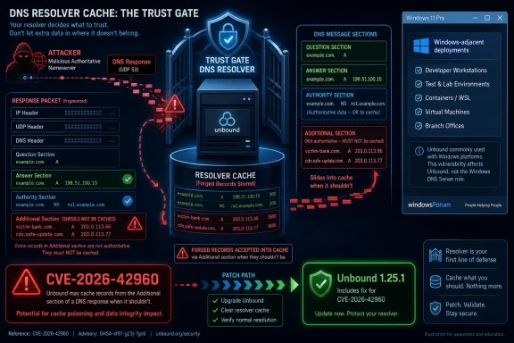 Diagram showing DNS resolver “trust gate” where forged records are accepted into cache, flagged CVE-2026-42960.