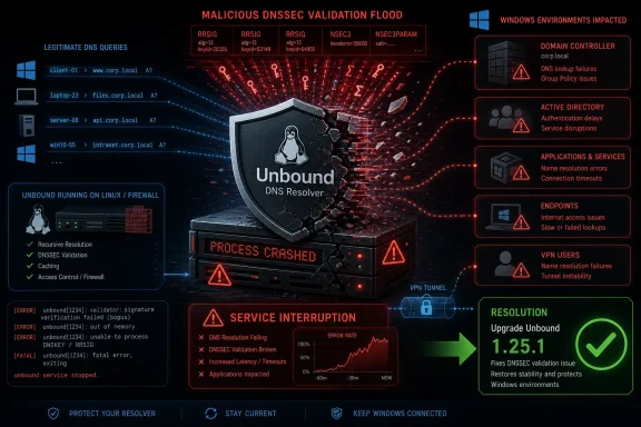 Cybersecurity graphic showing an Unbound DNS resolver attacked by malicious DNSSEC flood causing Windows domain outages.