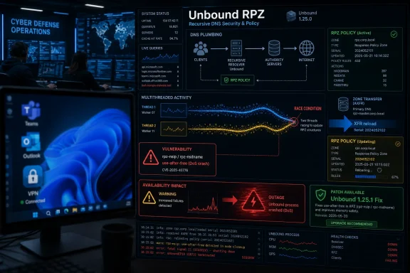 Cybersecurity dashboard shows Unbound RPZ DNS security status with alerts, race condition, and outage indicators.