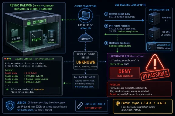Diagram showing rsync daemon in chroot, DNS reverse lookup results, and hostname-based access denial/patch warning.