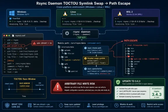 Infographic shows rsync daemon TOCTOU sym link swap leading to path escape and arbitrary file write risk.