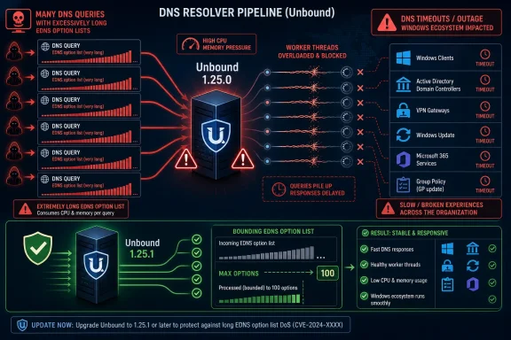 Infographic showing Unbound DNS resolver overload from long EDNS option lists causing Windows timeout outages.