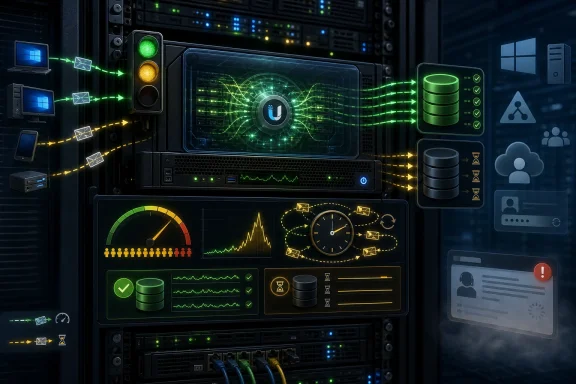 Futuristic server rack with traffic signals, network icons, and monitoring dashboards in glowing green.