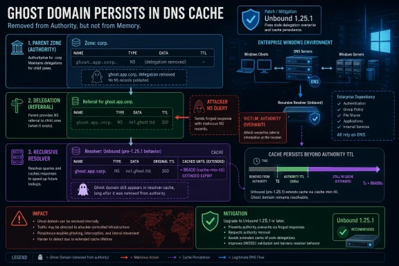Cybersecurity infographic showing “Ghost domain persists in DNS cache” and mitigation for Unbound 1.25.1.