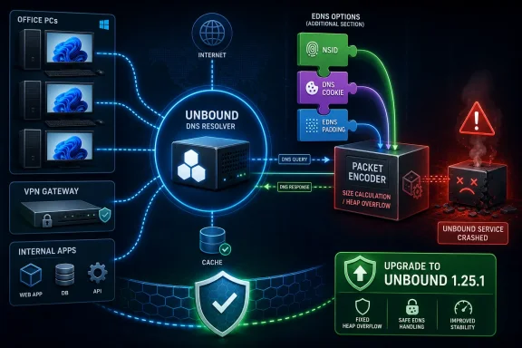 Cybersecurity diagram showing an Unbound DNS resolver setup with EDNS options, packet encoding, and cache protection.
