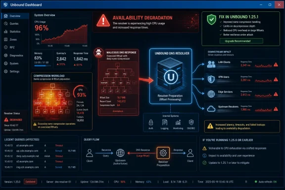 Unbound Dashboard shows DNS resolver availability degradation with high CPU, malicious oversized RRsets, and increased latency warnings.