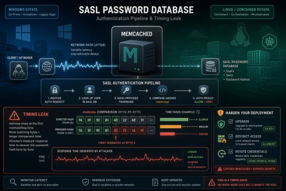 Diagram shows a timing leak in an SASL password authentication pipeline using memcached byte-by-byte comparison.