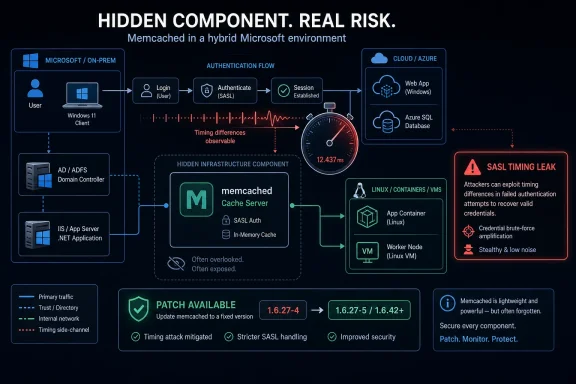 Security infographic showing a SASL timing leak risk with memcached in a hybrid Microsoft/Azure setup.