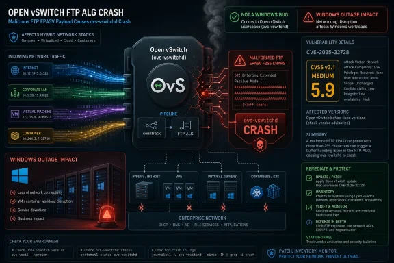 Infographic shows an Open vSwitch FTP ALG crash caused by a malicious EPAV payload, impacting Windows networking.