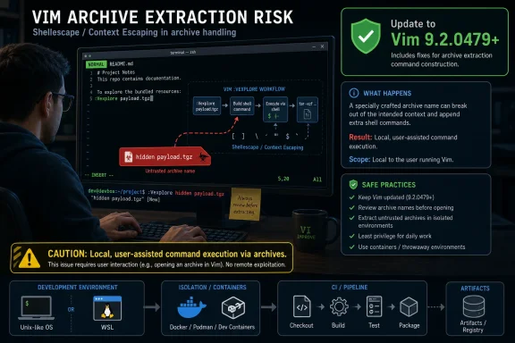 Security infographic showing “Vim Archive Extraction Risk,” highlighting context escape and safe practices.