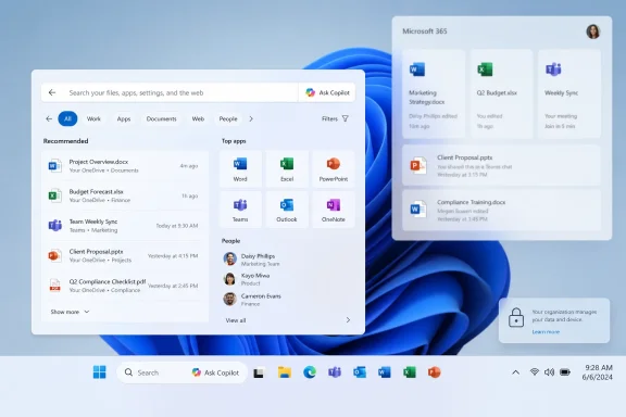 Microsoft 365 interface with file search and app tiles over a blue Windows 11 desktop background.