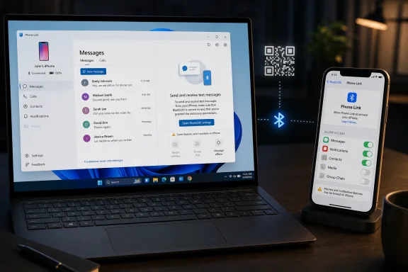 Laptop and smartphone display Phone Link setup for sending/receiving iPhone messages via Bluetooth.