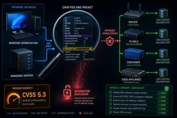Network security infographic showing a crafted DNS packet, bypassed source checks, and mitigations with DNS servers.